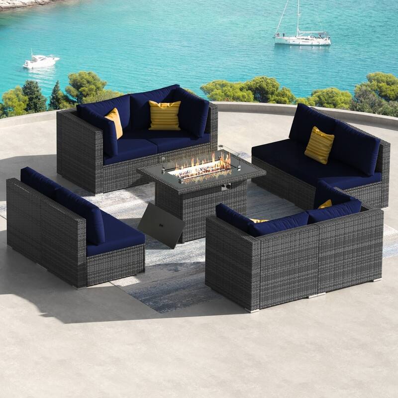 9-Piece Outdoor Modular Sectional Wicker Patio Conversation Set with CSA Fire Pit, Cushion