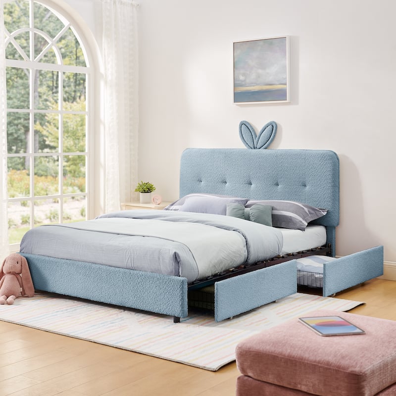 Queen Size Boucle Upholstered Bed with Rabbit Ear Headboard, LED Music Sync & 4 Drawers