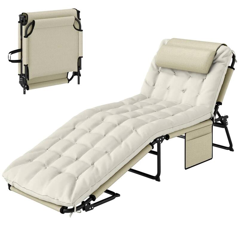 Folding Chaise Lounge Chair,4-Pos Recliner,Cushion,Pocket,Headrest