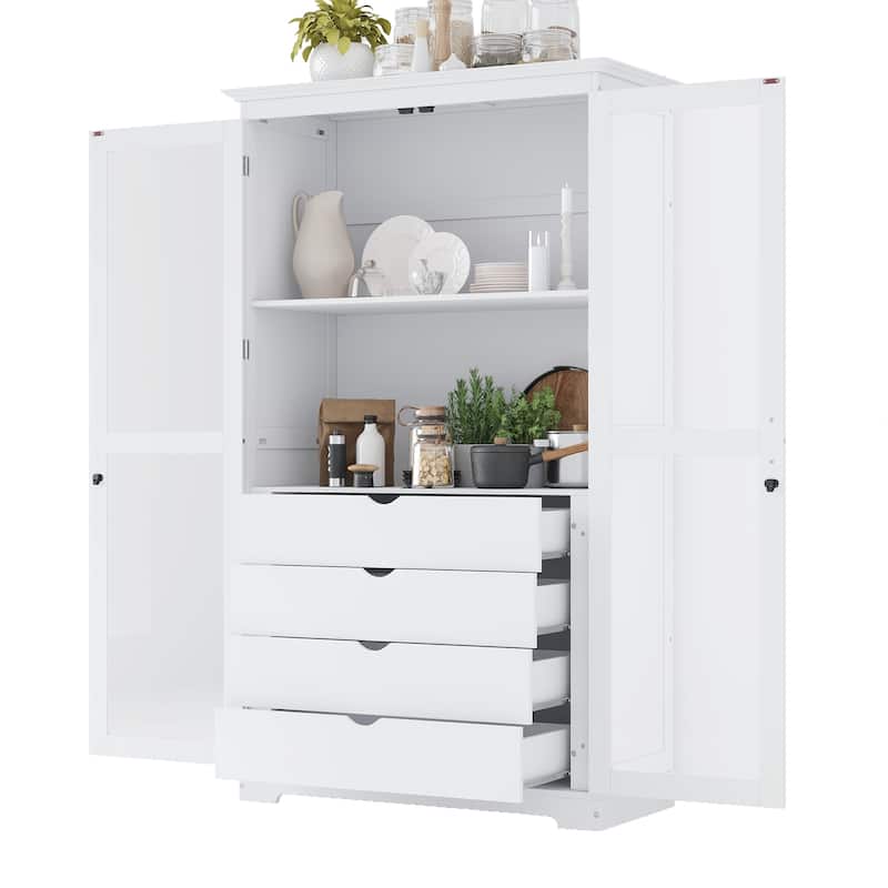 Kitchen Pantry, Freestanding Kitchen Storage Cabinet Display Cabinet with Glass Doors and 4 Built-in Drawers for Living Room