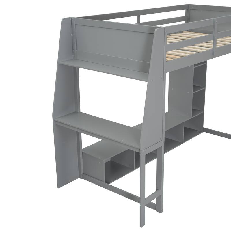 Multi-Functional Gaming Loft Bed with Built-in Desk & Storage Cabinets, Wood Bed Frame with LED and a Hanging Clothes Rack