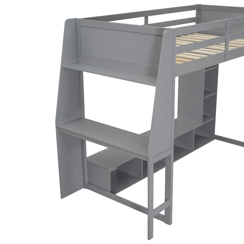 Wood Twin Size Gaming Loft Bed With Desk, Multi-Storage Shelves, Led And A Hanging Clothes Rack