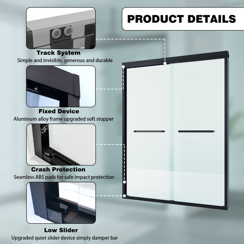 56-60"W x 75"H Aluminium Alloy Frame Double Sliding Shower Door with 6mm Tempered Glass,Matte Black - 56-60"W x 75"H