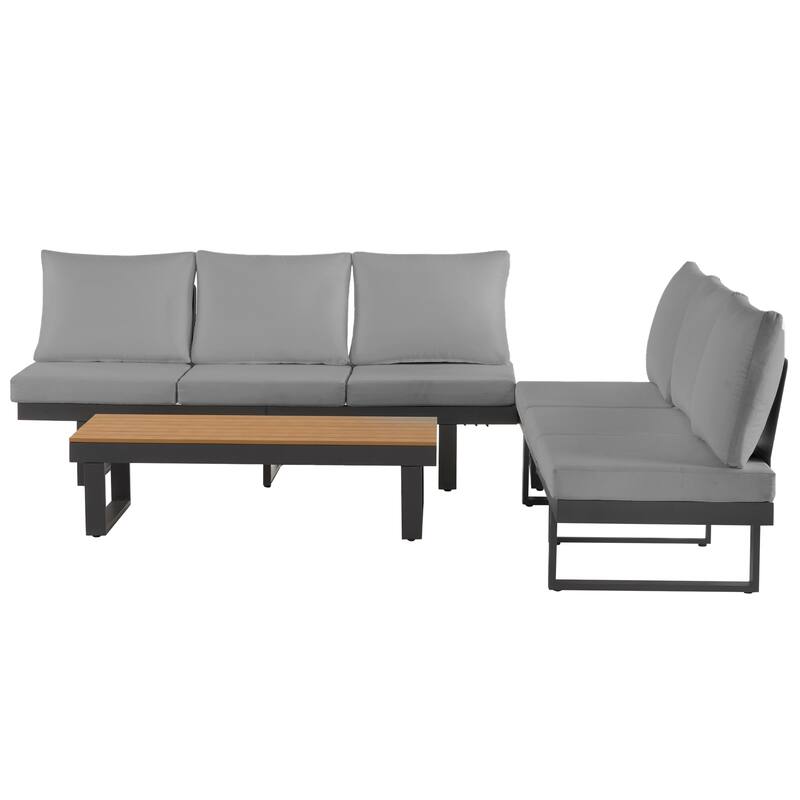 Outdoor Patio Conversation Sofa Set L-shape Sectional Sofa Set with Adjustable Reclining Seats, Coffee Table, Side Table