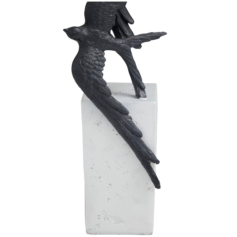 Black Polystone Flying Bird Sculpture with White Block Base