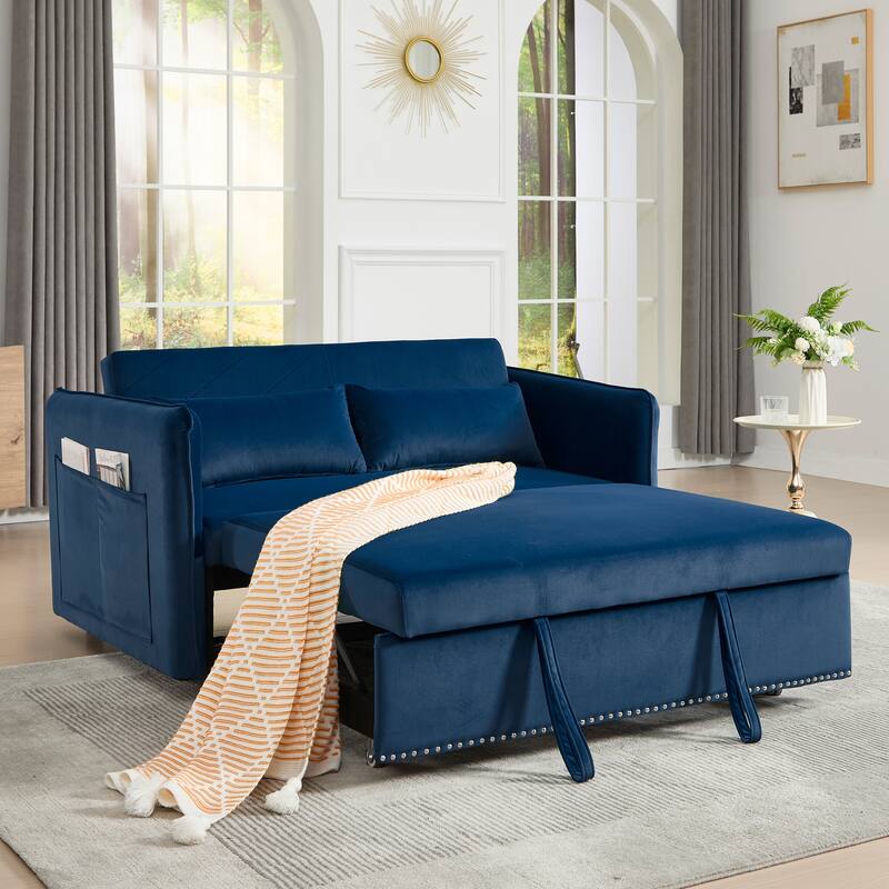 Small Convertible Sofa Bed, 55" Velvet Loveseat Couch with Pull-Out Bed, Pillows, Adjustable Backrest & Side Pockets