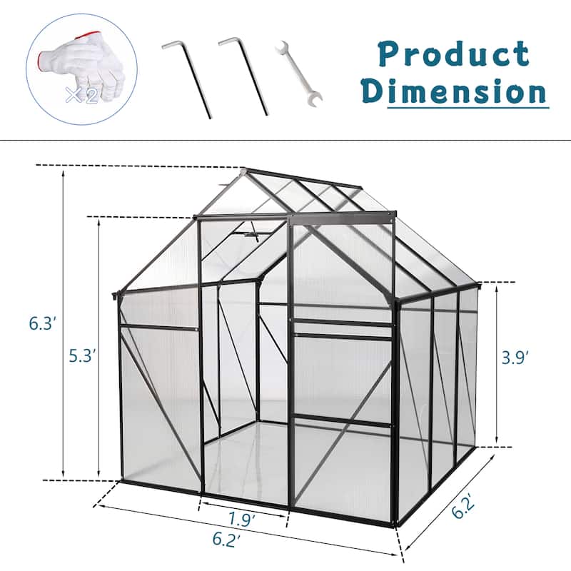 6X6FT Greenhouse Raised Base and Anchor Aluminum Heavy Duty Walk-in Greenhouses for Outdoor Backyard in All Season