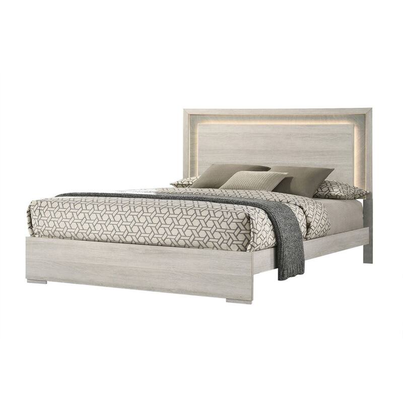 Nomi Queen Size Bed w LED on Headboard, Antique White Wash Finsih