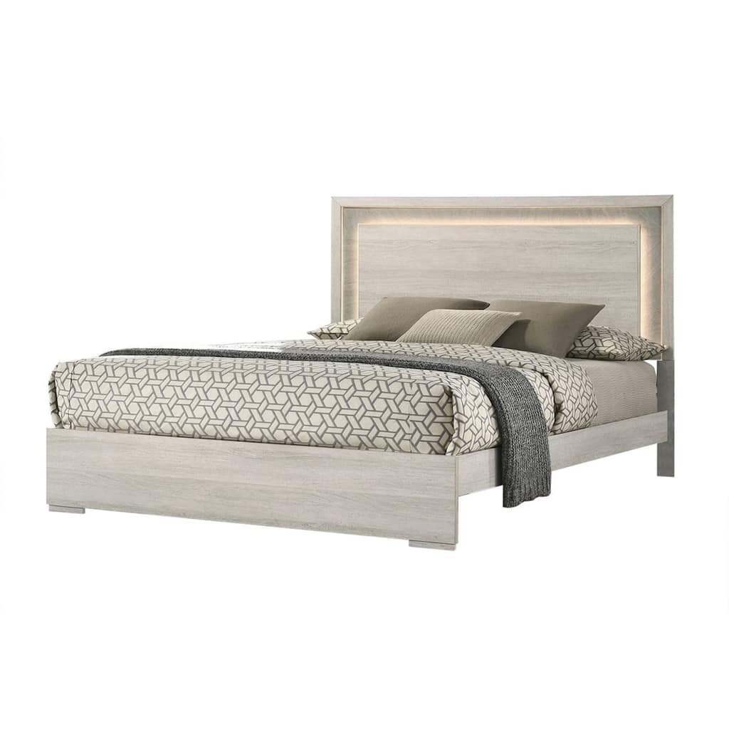 Nomi Queen Size Bed w LED on Headboard, Antique White Wash Finsih