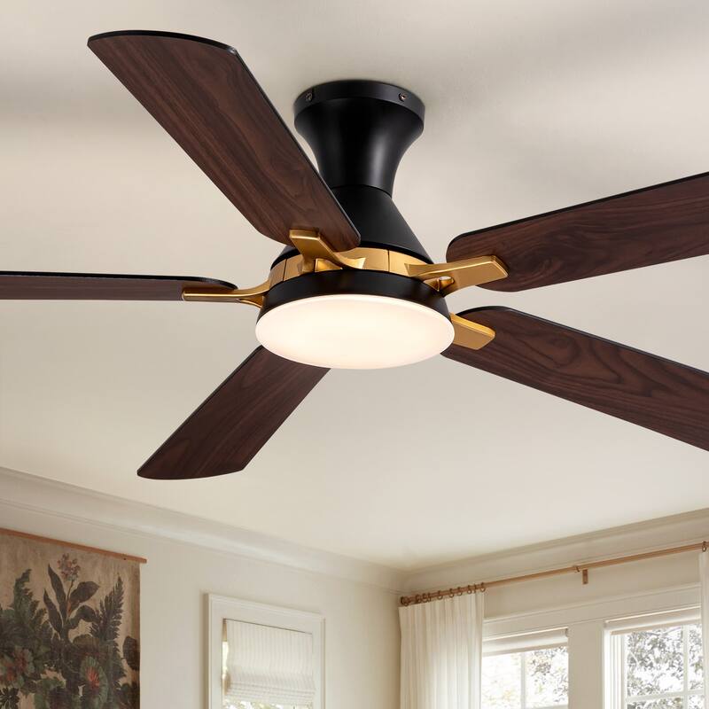 Industrial Led Ceiling Fan With Lights And Remote, Modern Black And Gold Flush Mount Ceiling Fan With 5 Blades