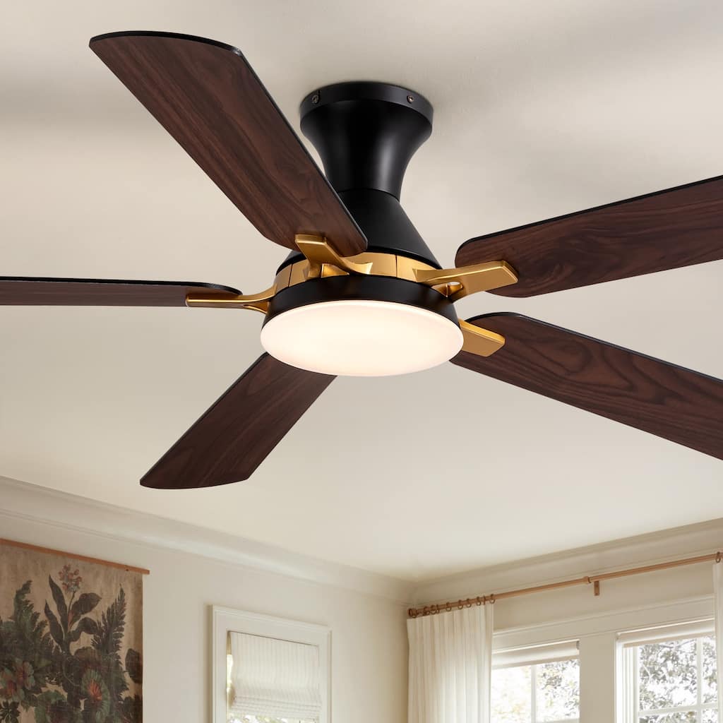 Industrial Led Ceiling Fan With Lights And Remote, Modern Black And Gold Flush Mount Ceiling Fan With 5 Blades