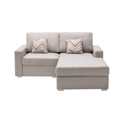 Linen Fabric 2-Seater Reversible Sofa Chaise with 2 Pillows and Interchangeable Legs in Beige