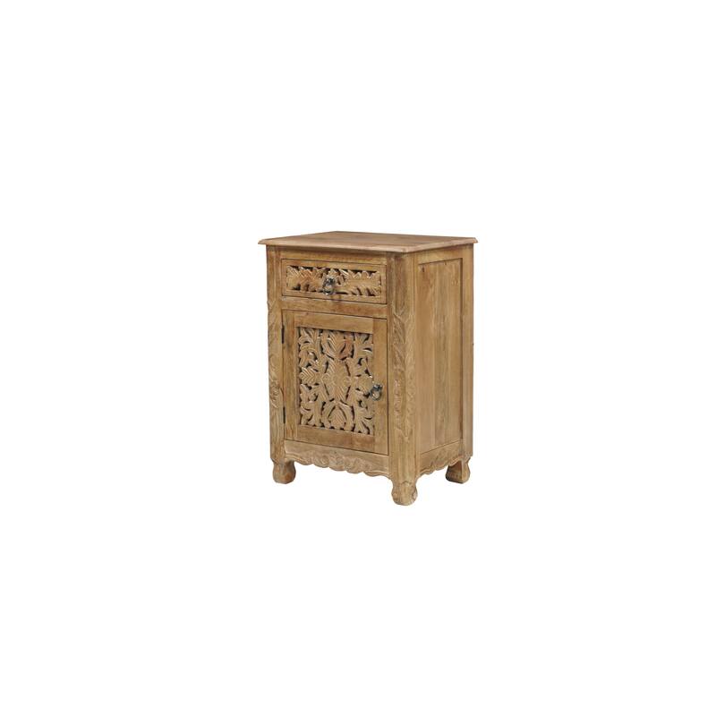 Florence Floral Solid Mango Wood 1-Drawer Nightstand with Cabinet Storage Assembled