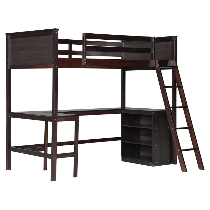 Twin Size Loft Bed With Shelves And Desk, Wooden Loft Bed With Desk - Espresso