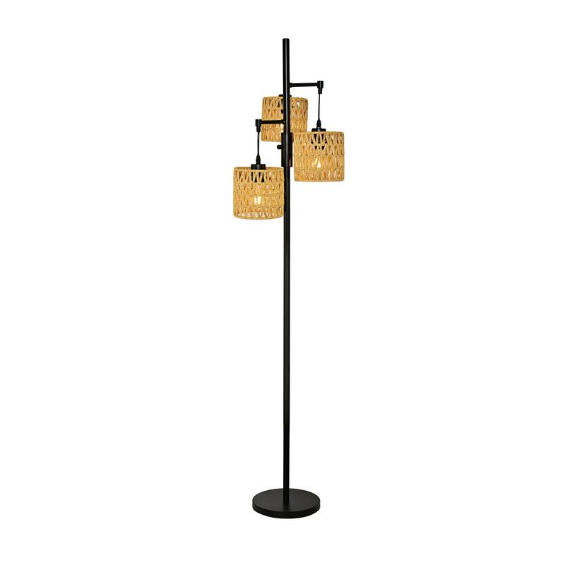 Boho 3-Light Tree Floor Lamp With Rattan Drum Shades