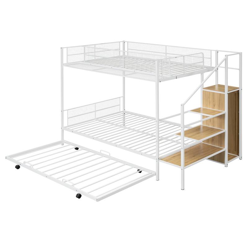 Twin Over Full Metal Bunk Bed with Built-In Storage Ladder and Wardrobe, Space-Saving Design