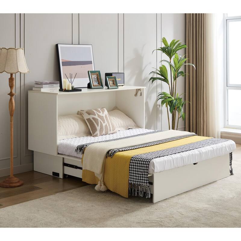 Queen Size Murphy Bed Cabinet with Storage Drawer, Folding Foam Mattress, USB & AC Charging Ports, and Smooth Glide Mechanism