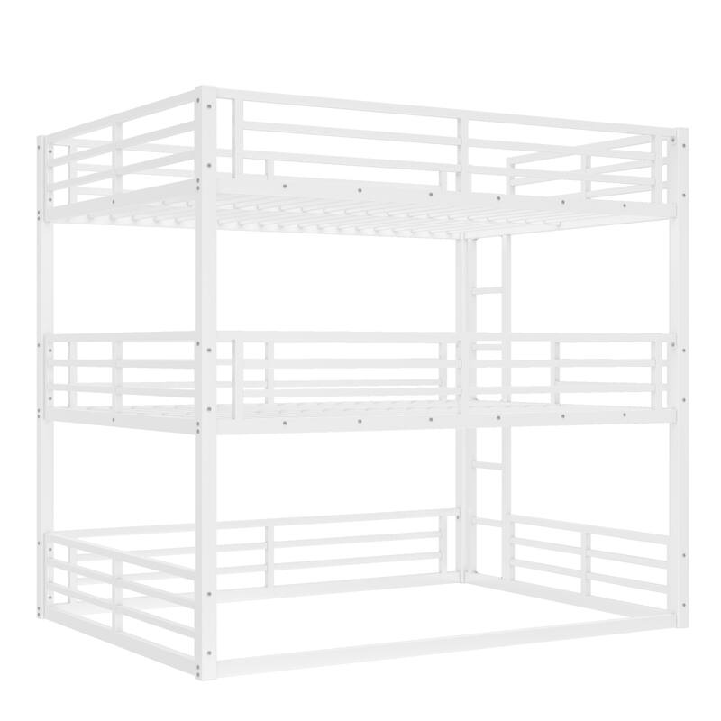 Roomfitters Twin/Full/Queen Metal Triple Bunk Bed with Safety Guardrails, Heavy-Duty Noise-Reduced Frame, White