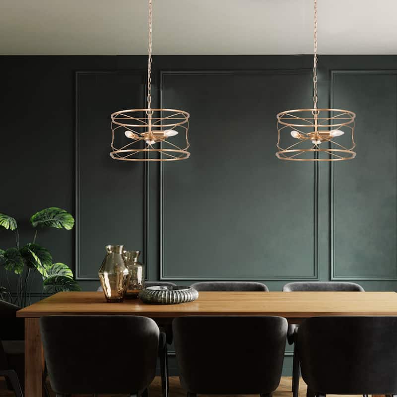 Flot Mid-century Modern 3-light Drum Chandelier Ceiling Lights Cage Kitchen Island Pendant Lamp - D 15.5'' x H 69.5''