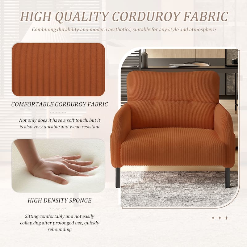 Corduroy Upholstered Single Sofa Chair, Lounge Reading Chair with Side Pockets, Armchair with Solid Wood Frame - Orange