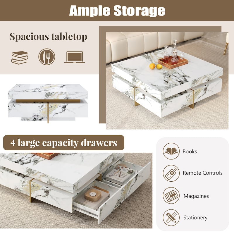 43.3" Modern Square Marble Textured Coffee table with 4 Drawers and Suspended Base, White