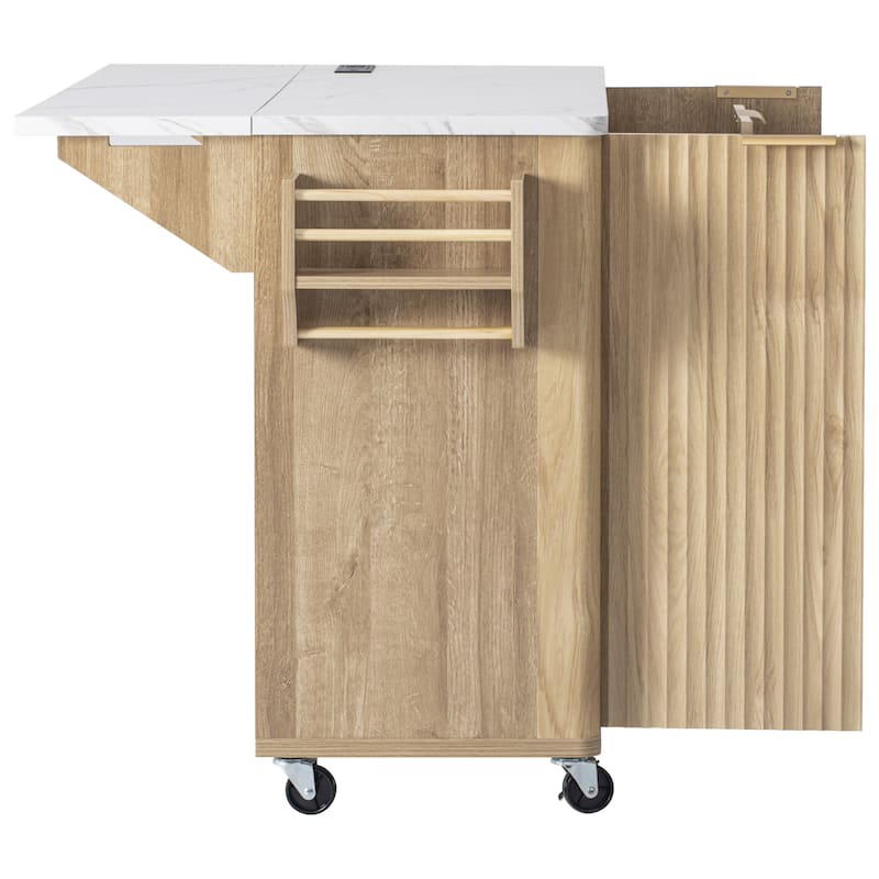 55.5" Fluted Kitchen Island with Drop Leaf and Storage Features Power Outlet and Adjustable Shelves