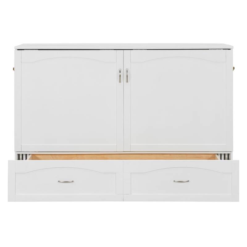Folding Murphy Bed Queen Size Wall Cabinet Bed with Storage Drawer, Charging Station and Pulley Structure Design