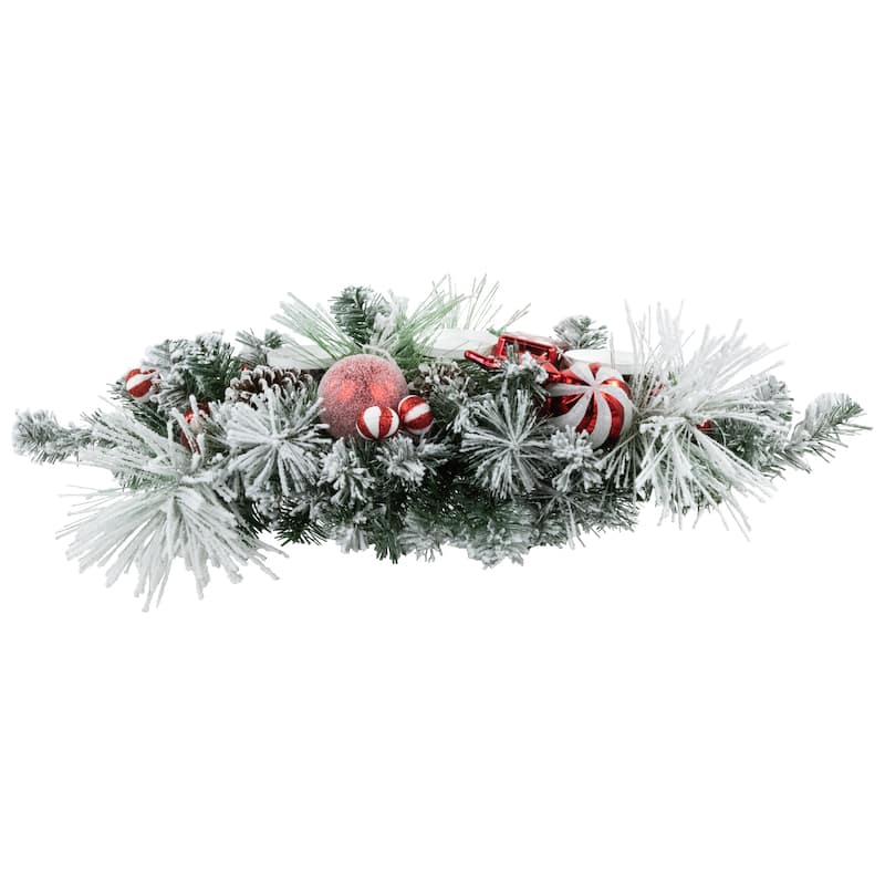 32" Red and White Triple Candle Holder with Flocked Pine and Christmas Ornaments