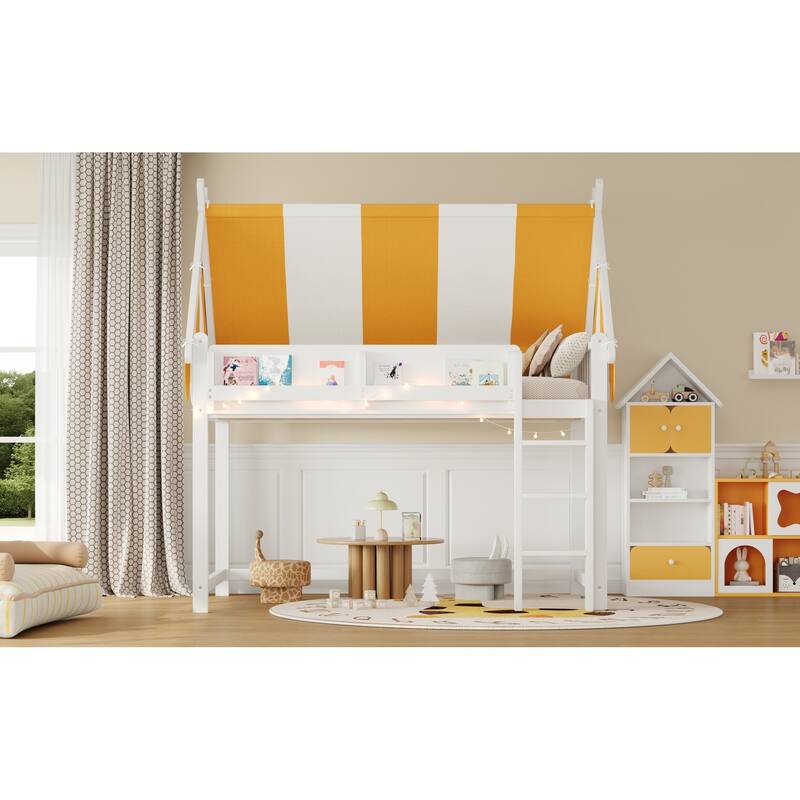 Roomfitters Twin/Full Size Loft Bed with Canopy, LED Lights and Book Shelf