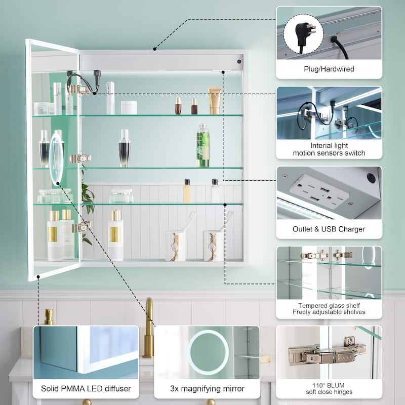 30'' H Recessed or Surface Frameless LED Mirror Cabinet With Defogger, Dimmer, Outlets & USB Ports 