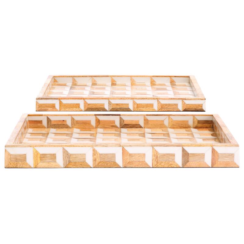 SAFAVIEH Home Aria Antique Ivory/Natural Brown Resin/Mango Wood Tray Set of 2