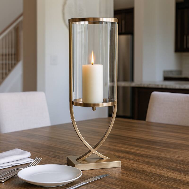 Modern Glass Pillar Candle Holder Decorative Lantern with Steel Frame - Gold/ Metallic - 23.0"