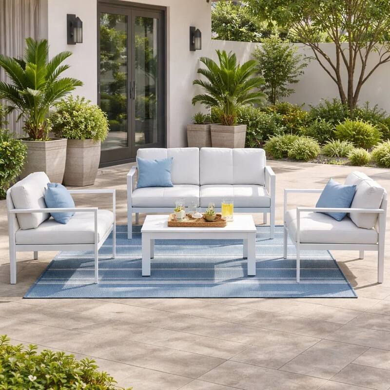 Kili 4 Piece Outdoor Sofa, Chairs, and Table Set, Crisp White Aluminum