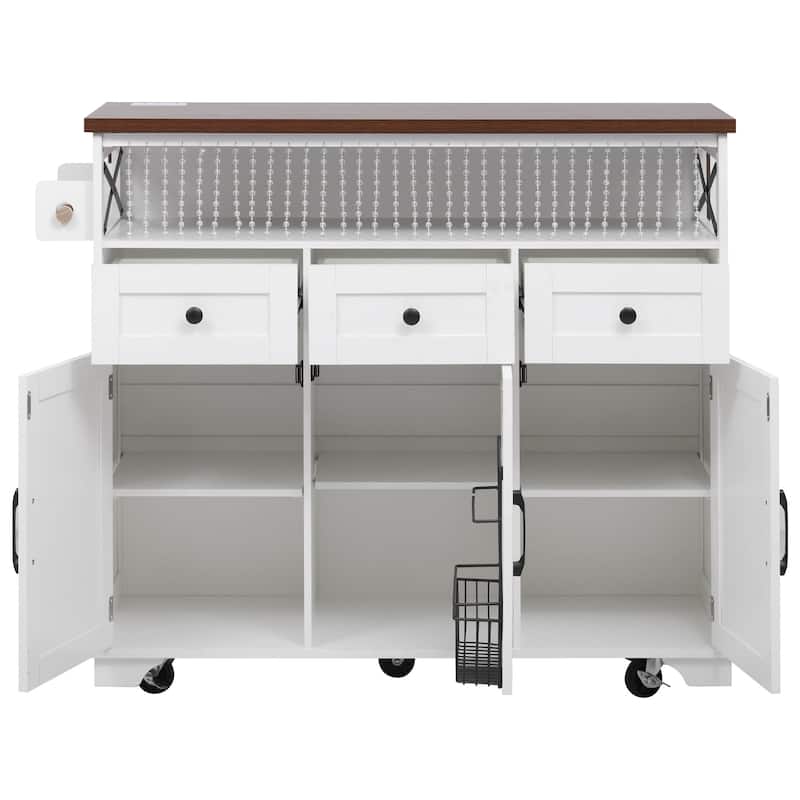 46.5''Farmhouse Kitchen Island with Drape of Beads, Power Outlet,Rolling Kitchen cart on Wheels with Drop Leaf,3 Doors,3 Drawers