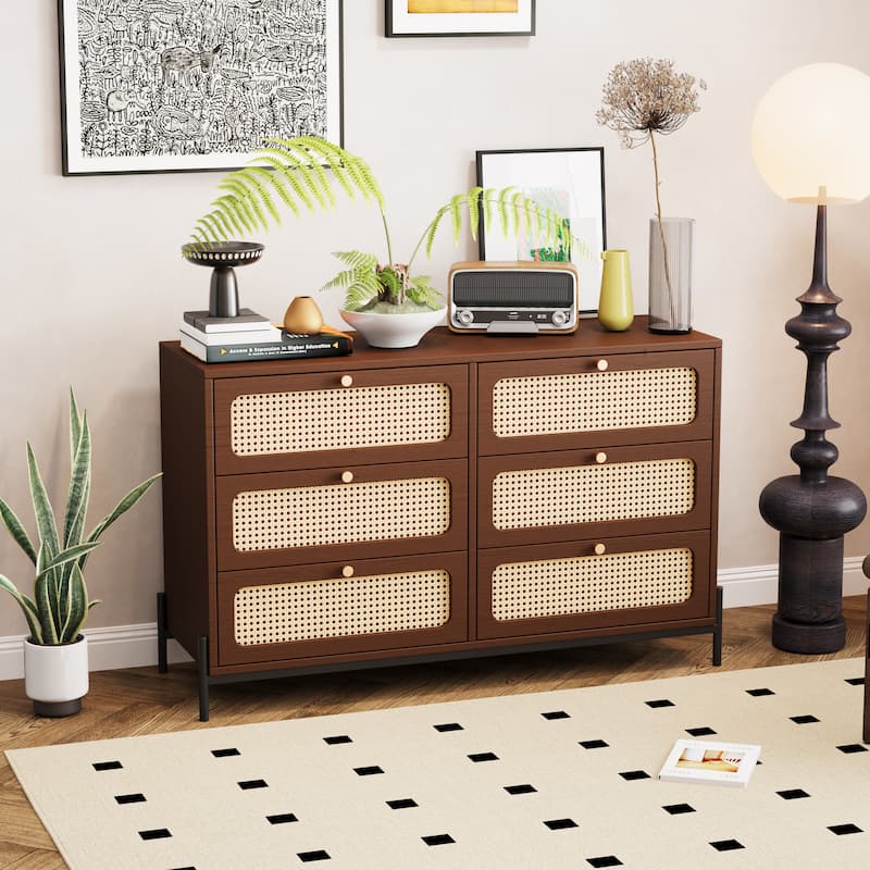 Modern Cannage Rattan Wood Closet 6-Drawer Dresser