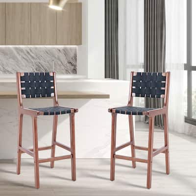 Faux Leather Kitchen Stool Chairs with Back and Wooden Legs Set of 2