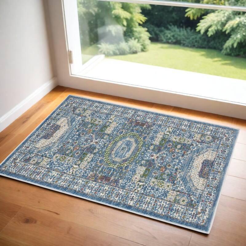 Power Loomed Distressed Geometric Modern Non Skid Area Rug - 48' X '24' X '0.5 - 48' X '24' X '0.5 - Oxford Blue - Rectangle