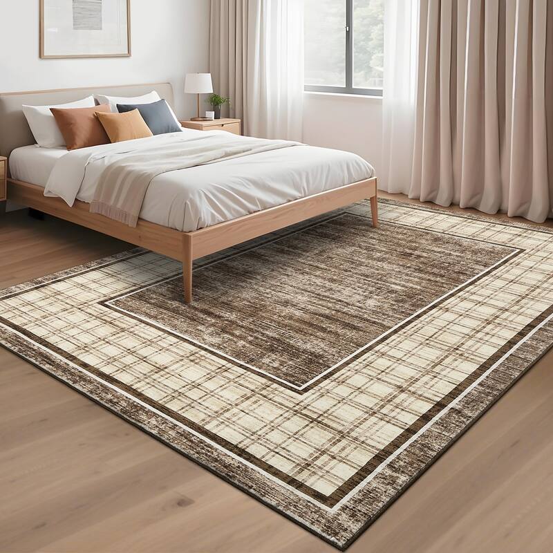 Modern Bordered Rug Farmhouse Plaid Area Rugs for Living Room Bedroom, Indoor Accent Carpet Home Decor