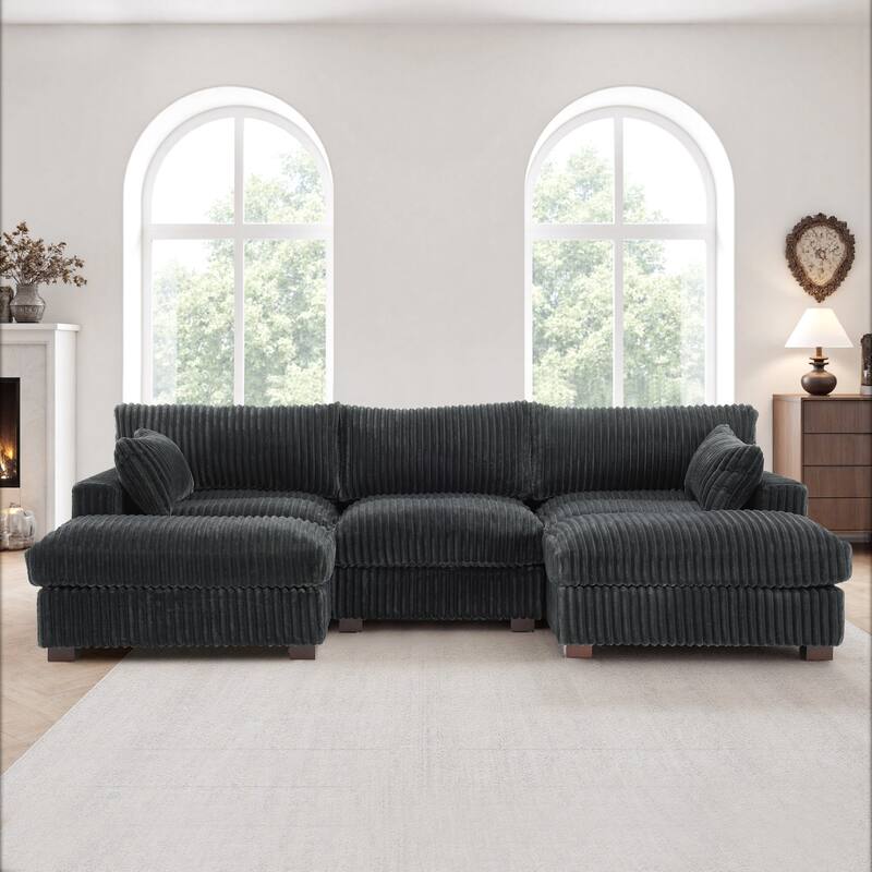 Plush Corduroy Upholstered Modular Sectional Sofa with Chaise