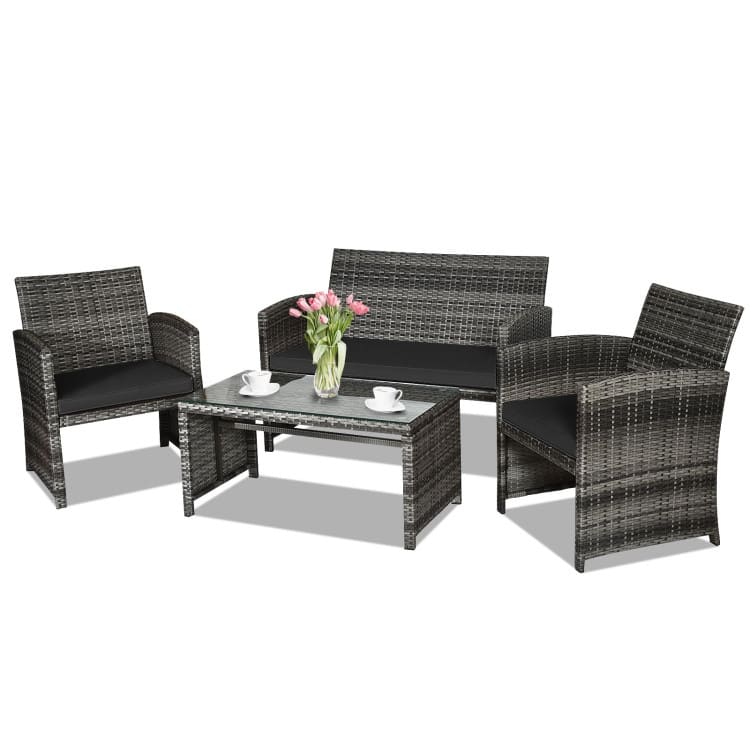 4 Pieces Patio Rattan Furniture Set with Glass Table and Loveseat - 43.5" x 25"x 31" (L x W x H) - Black