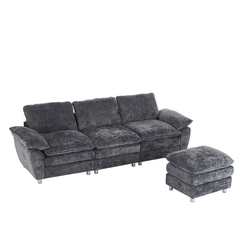 Modern Upholstered Deep 3-Seat Sofa Couch with Ottoman