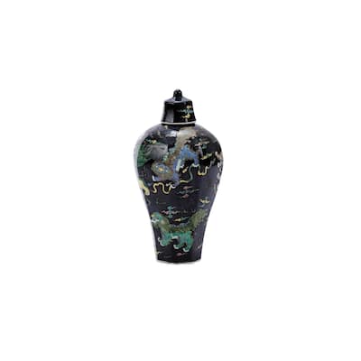 Hex Lidded Prunus Lion Motif Table Vase