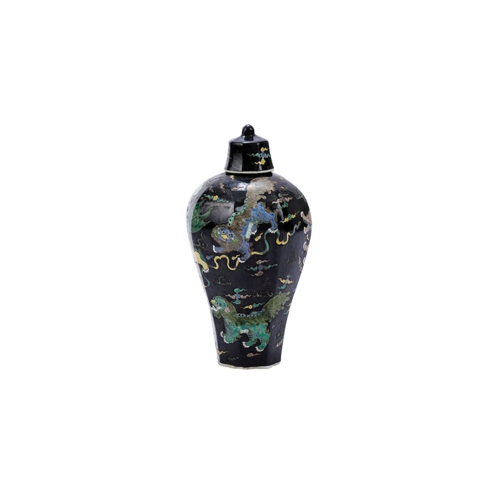 Hex Lidded Prunus Lion Motif Table Vase
