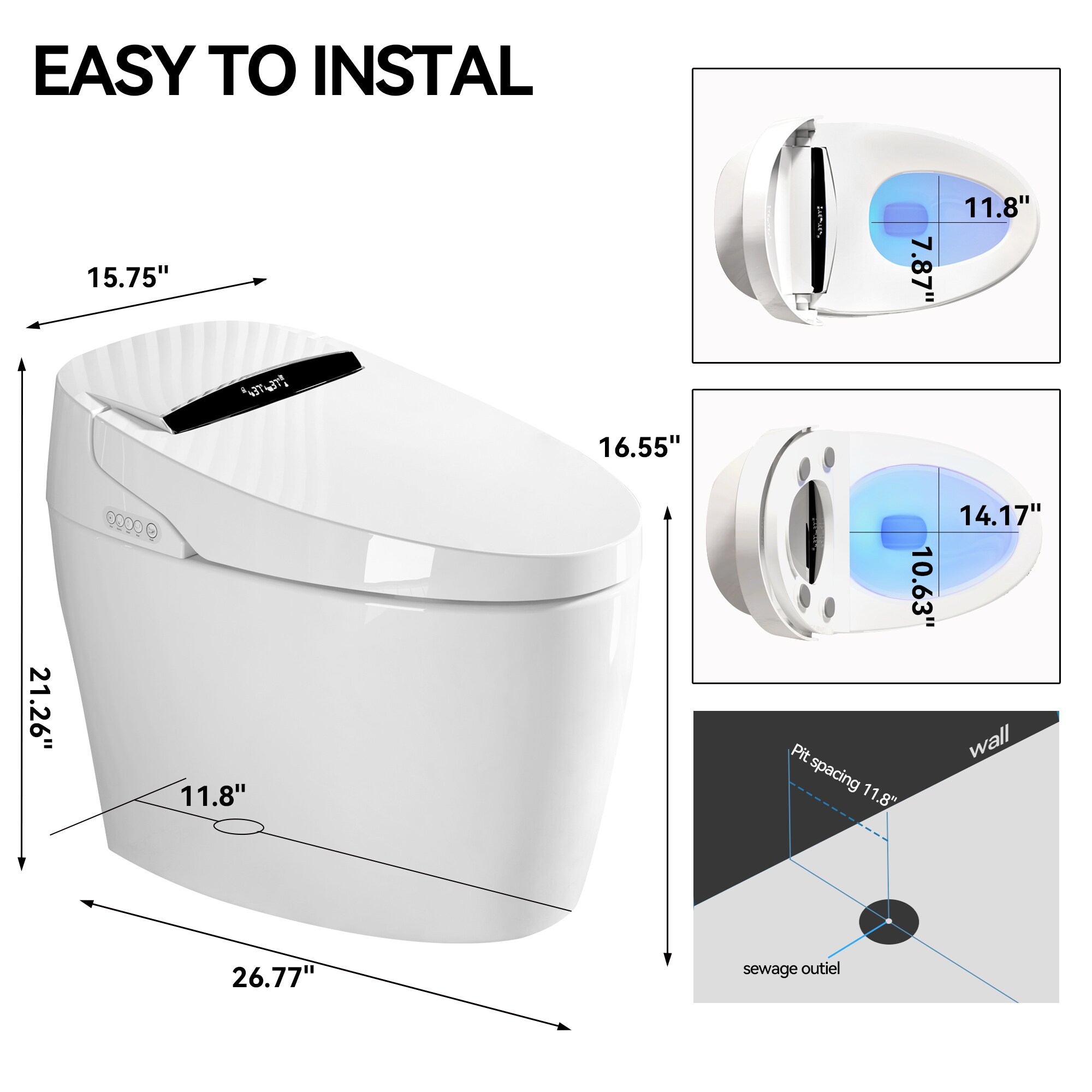 UDIYO Electric Smart Toilet – Built-in Bidet With Warm Water Spray, Air Dryer, Foot Sensor, Heated Seat, LCD Display, Siphonic Flush – 110V, IPX4