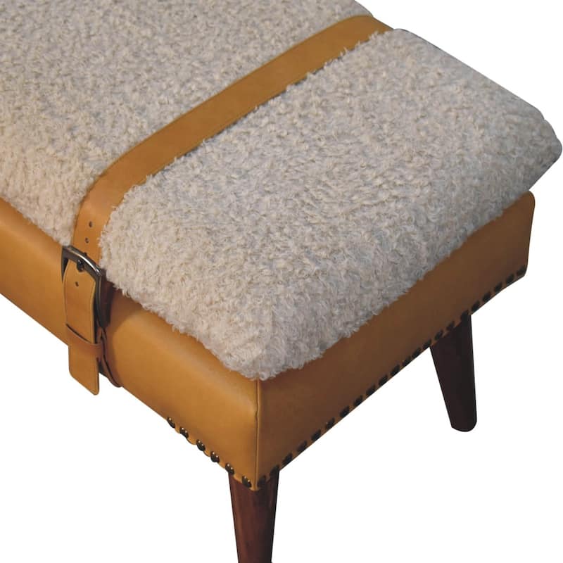 Artisan Furniture Solid Wood Boucle x Tan Leather Bench, Brown