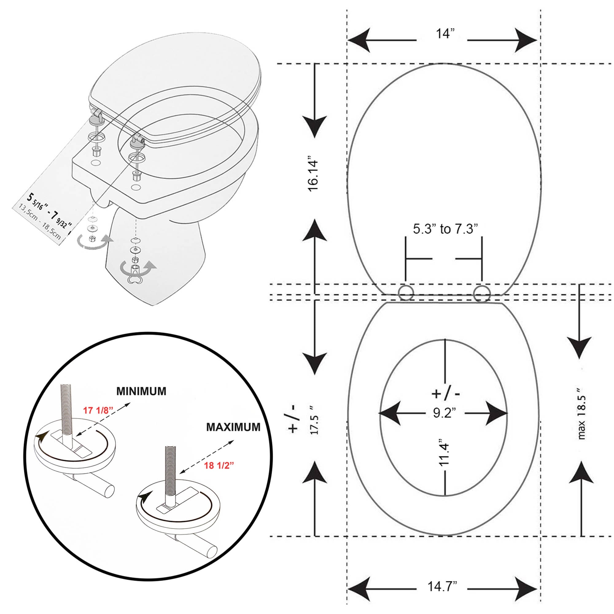 18 inch top elongated toilet seat