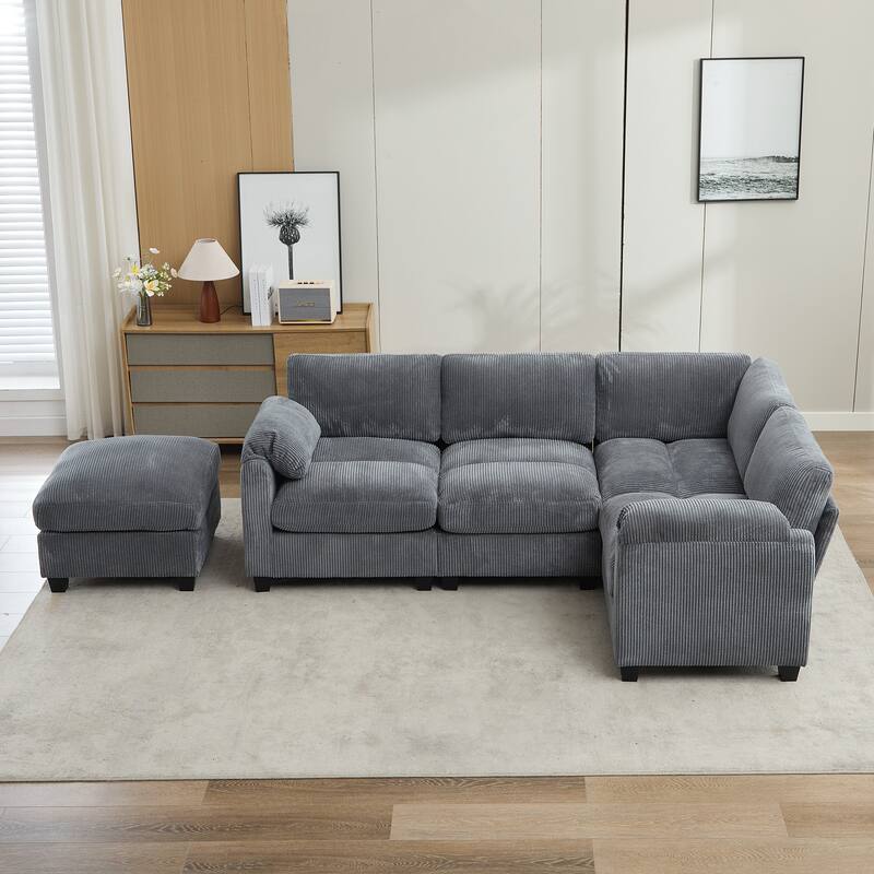 5-Seater Corduroy Sectional Sofa, Removable Ottoman, Modular Design