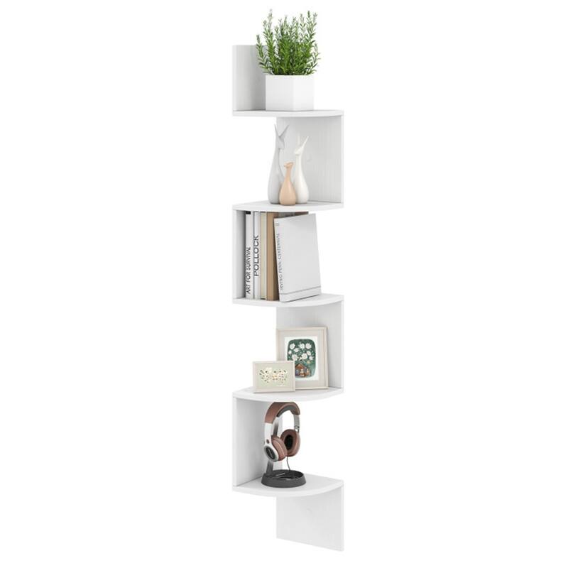 5-Tier Floating Corner Shelf Wall Mounted Organizer for Living Room Bedroom or Kitchen - 8" x 8" x 50" - White