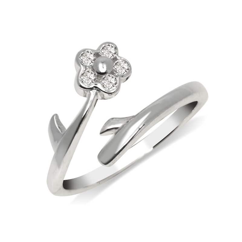 Curata Solid 925 Sterling Silver Flower Bypass Adjustable Cubic Zirconia Toe Ring (8mmx15mm)