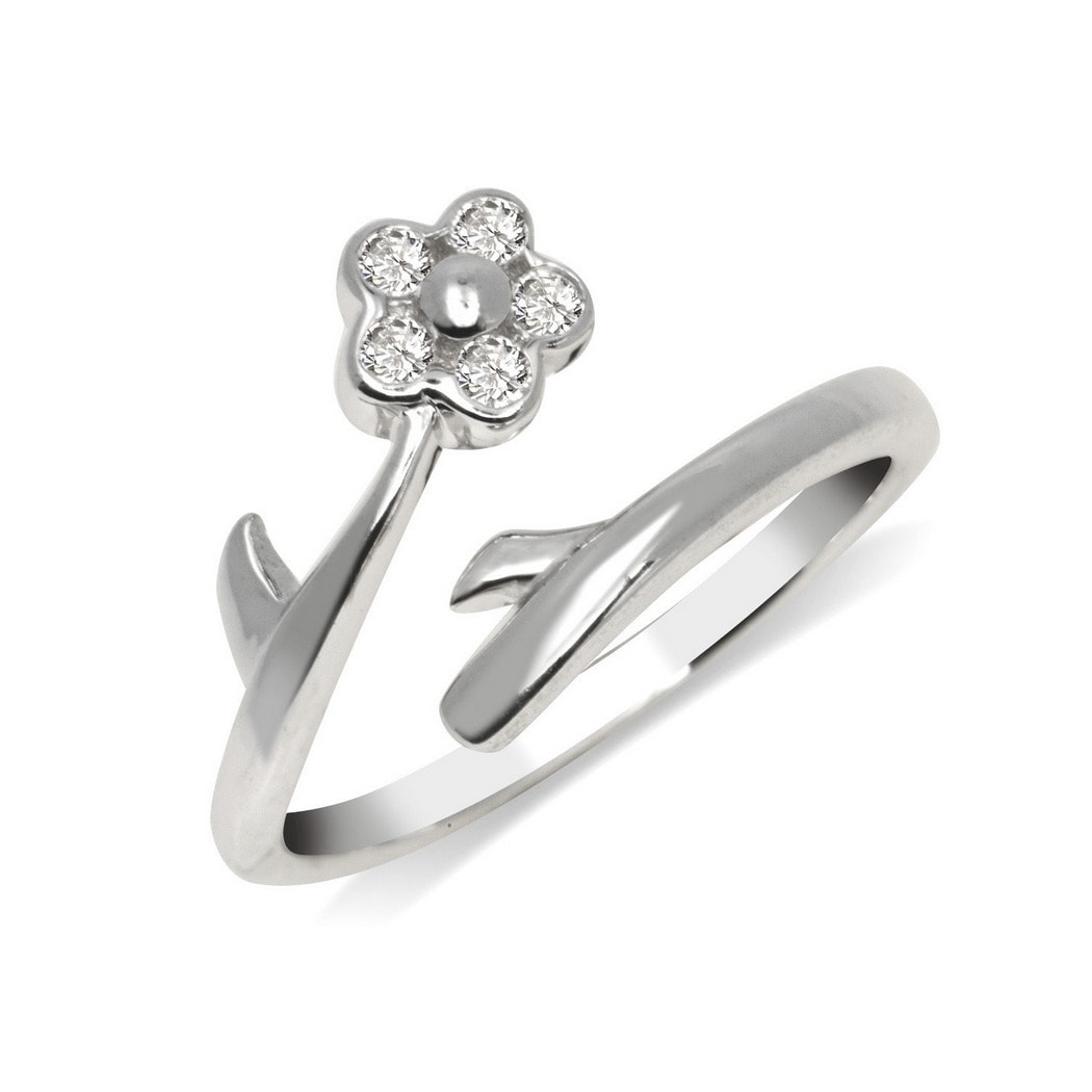 Curata Solid 925 Sterling Silver Flower Bypass Adjustable Cubic Zirconia Toe Ring